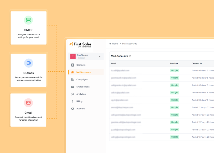 FirstSales command center displaying real-time inbox placement, sender health score, and engagement metrics